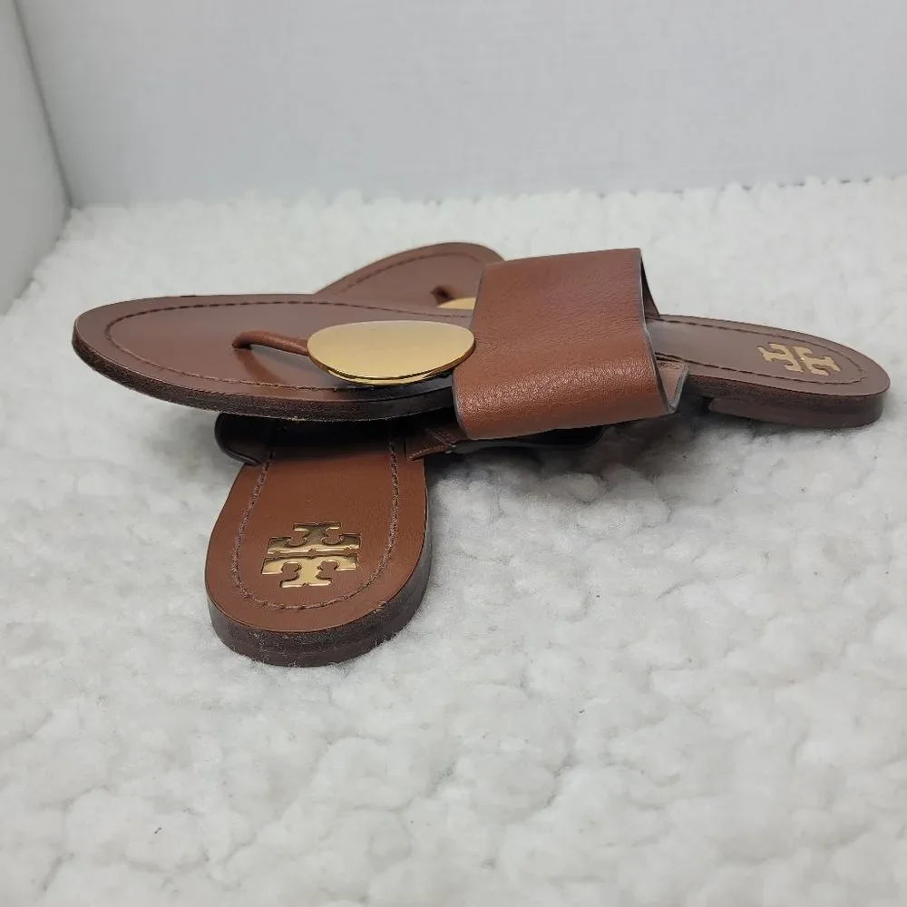Tory Burch Patos Disk Womens Flip Flops Sandals Size 8.5 Brown Leather